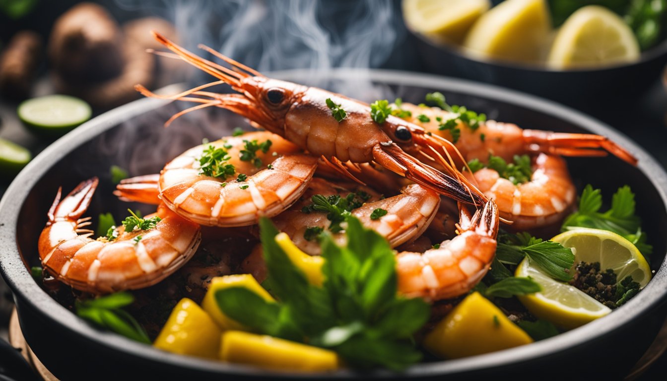 A bowl of prawns soaking in a vibrant marinade, surrounded by various herbs and spices, next to a grill with billowing smoke