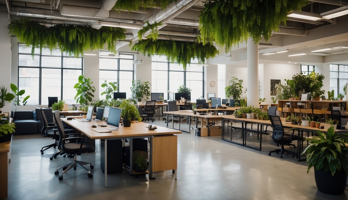 A bustling community center with shared workspaces, cozy meeting areas, and vibrant art installations. The office space is filled with natural light, greenery, and modern furniture, creating an inspiring and collaborative environment