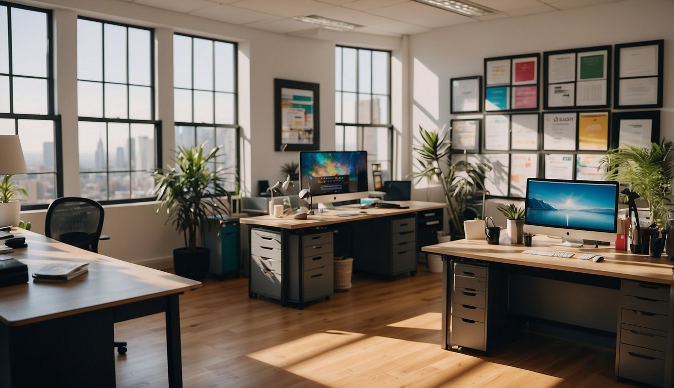 A bright, organized office with a large desk, colorful art on the walls, and plenty of natural light streaming in through the windows