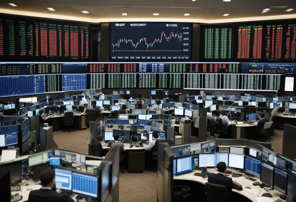 A bustling stock market reacts to changing monetary policies, with traders frantically buying and selling stocks, while graphs and charts display fluctuating prices