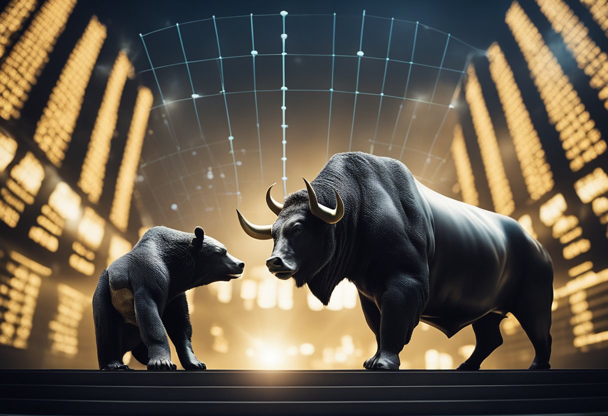 A bull and a bear facing off in a stock market arena, with a graph showing the impact of monetary policies on stock prices