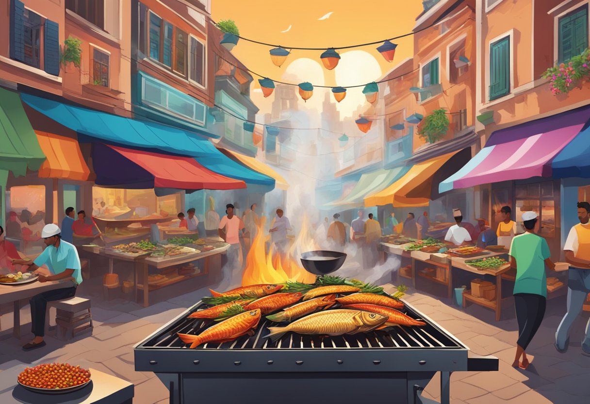 A sizzling fish grilling on an open flame, surrounded by colorful spices and herbs, with a backdrop of a bustling street market