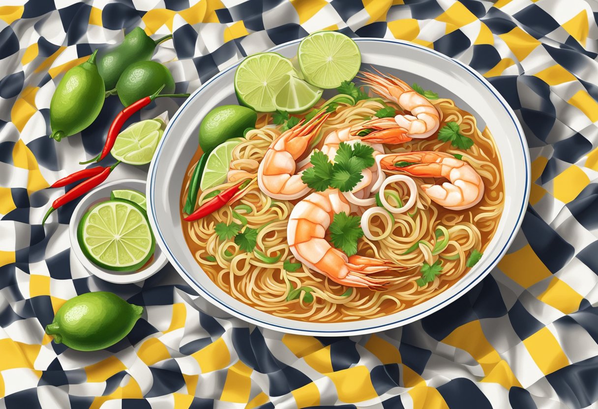 A steaming bowl of Bedok Corner Hokkien prawn mee sits on a checkered tablecloth, surrounded by fresh chili and lime
