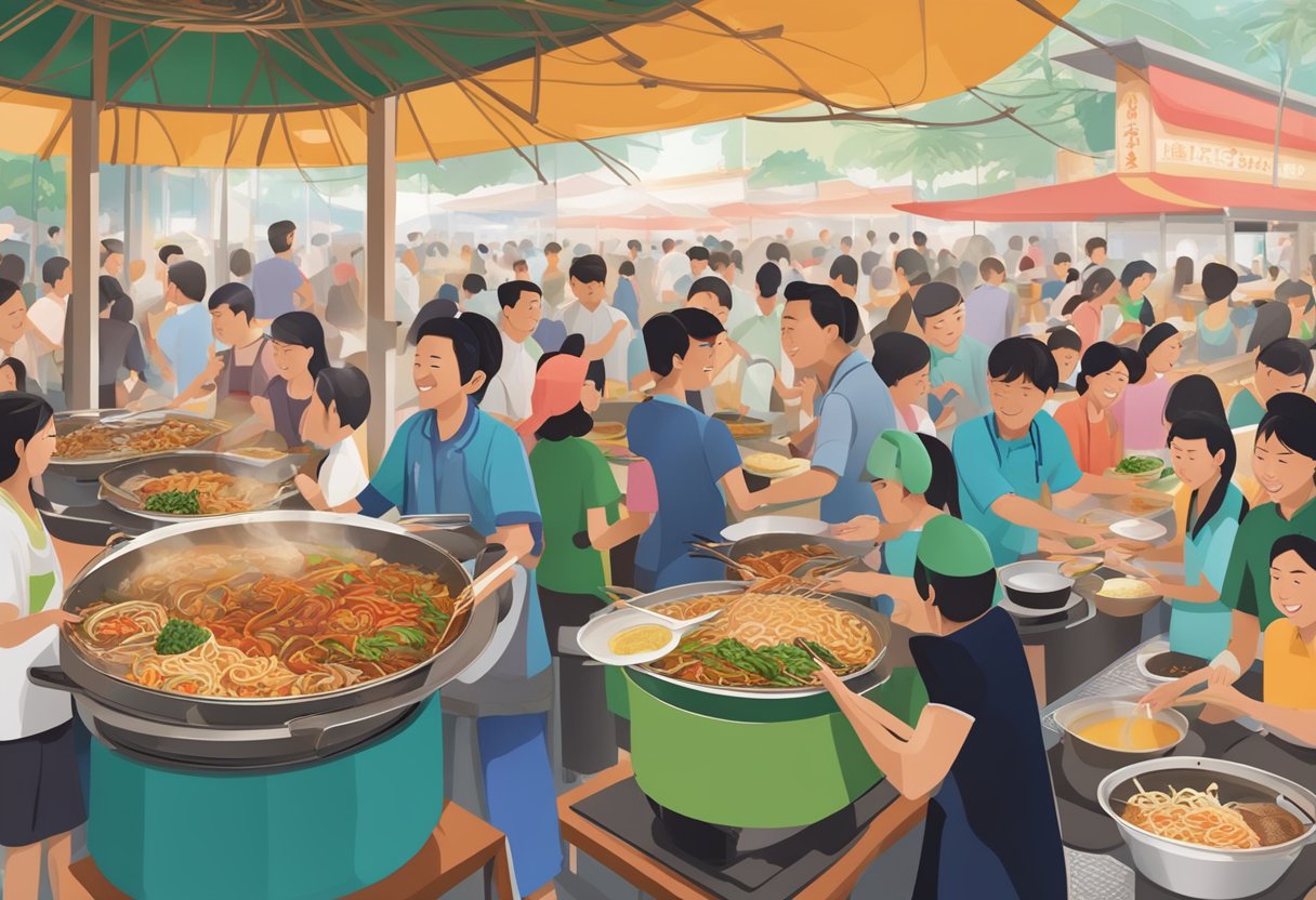 A bustling hawker center with sizzling woks, steam rising from bowls of hokkien prawn mee, and a crowd of eager foodies sampling the aromatic dishes