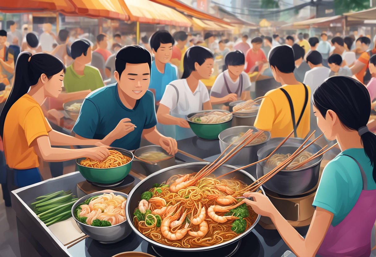 A steaming bowl of Hokkien prawn mee sits on a crowded hawker stall table, surrounded by eager customers and the sound of sizzling woks