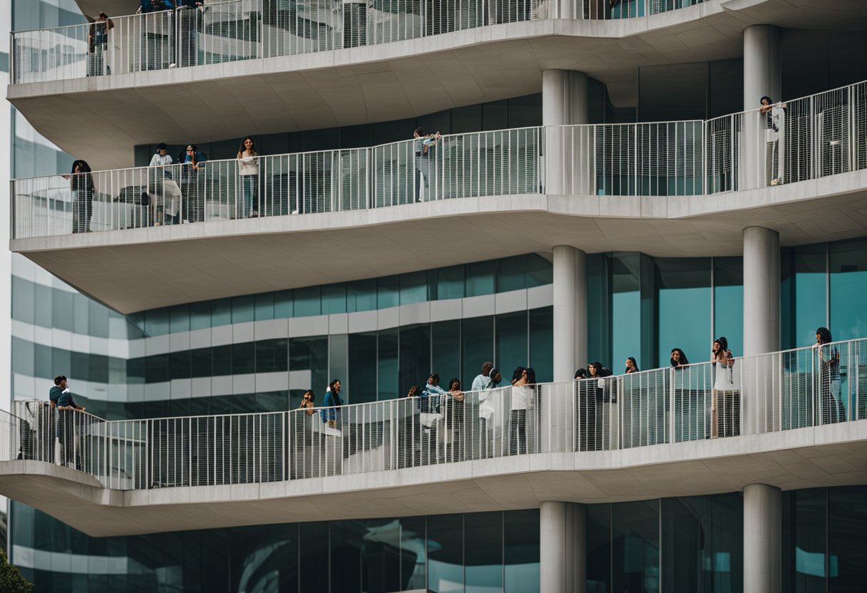 A group of young individuals gather at Caixa Econômica to enroll in the Jovem Aprendiz program for 2024. The building's modern architecture and the excitement on the faces of the participants create a vibrant atmosphere