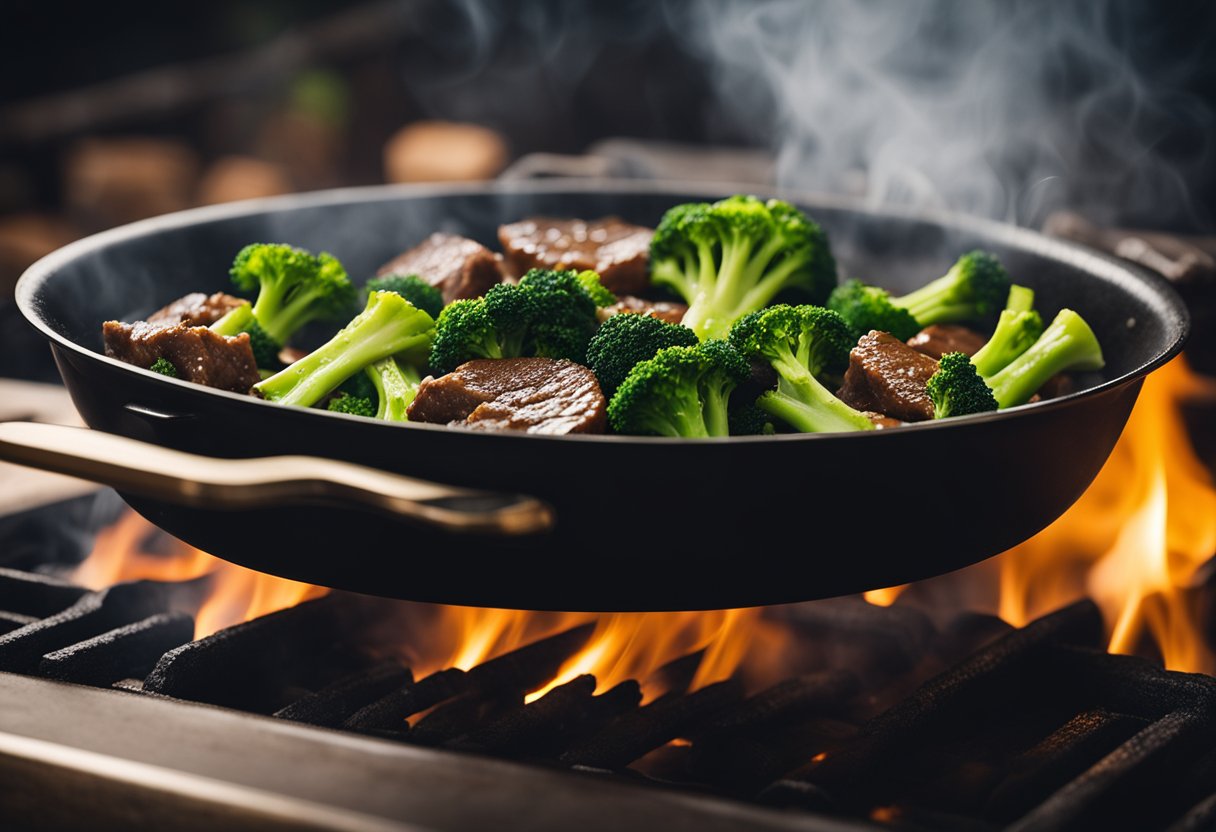 A sizzling pan with stir-fried beef and broccoli, steaming and fragrant, without oyster sauce