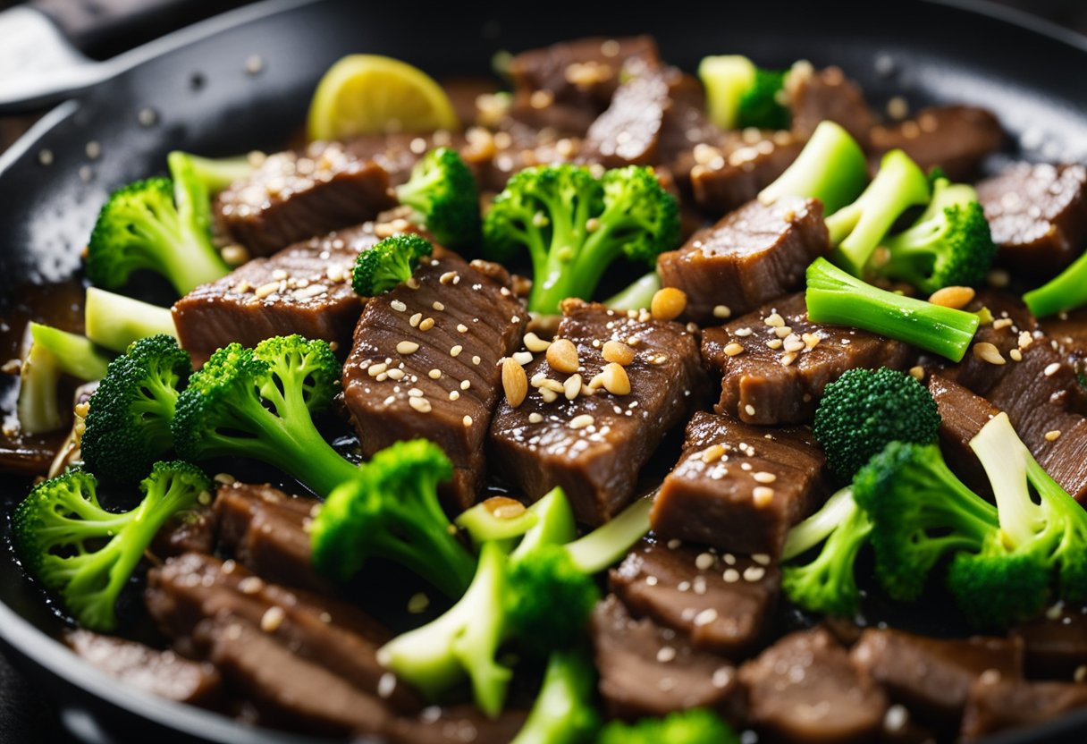 Beef slices, broccoli florets, and garlic sizzling in a hot wok. Soy sauce and other seasonings nearby