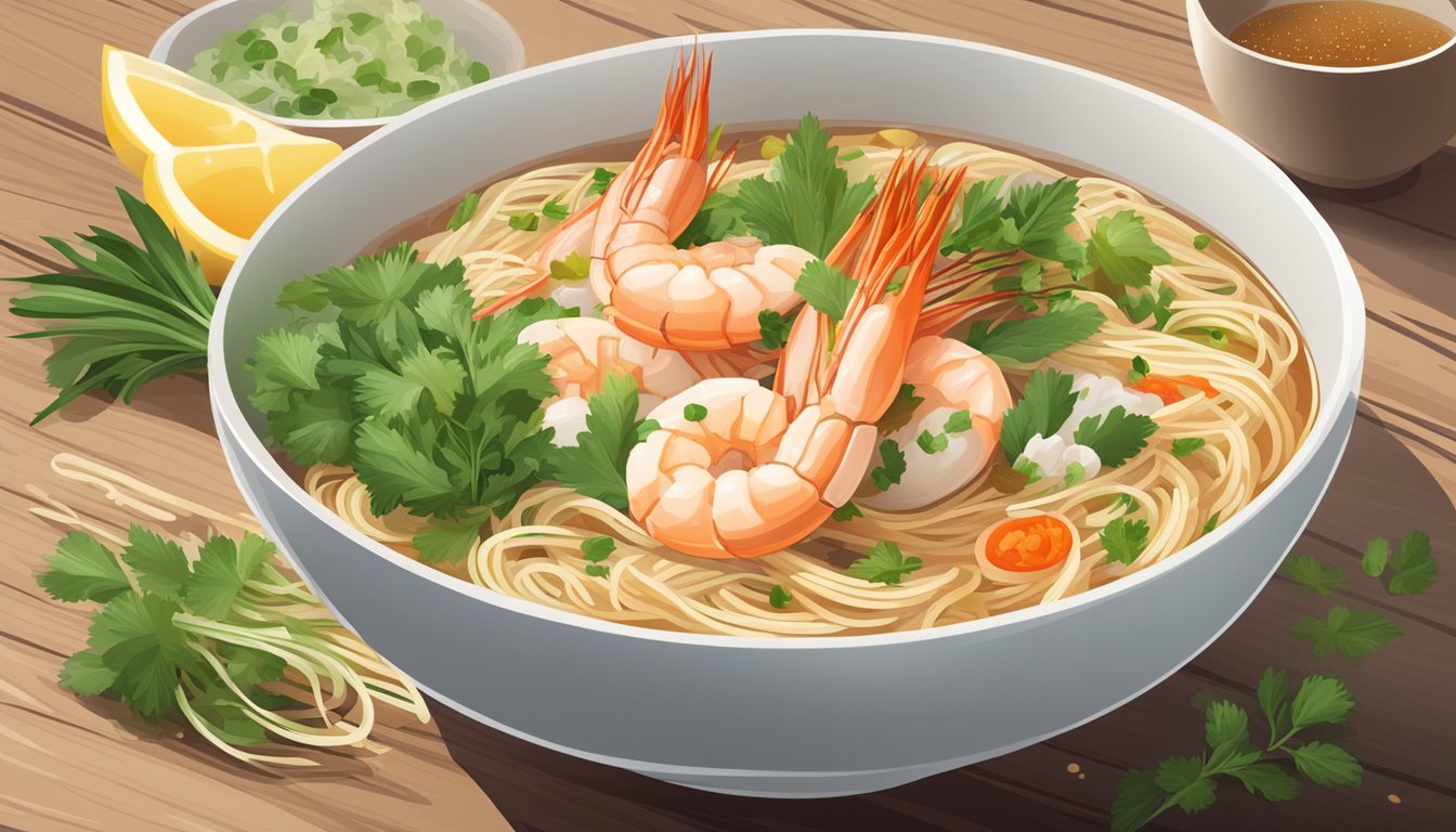 A steaming bowl of Bendemeer Prawn Noodles sits on a wooden table, surrounded by fresh herbs and condiments, with the aroma of savory broth filling the air