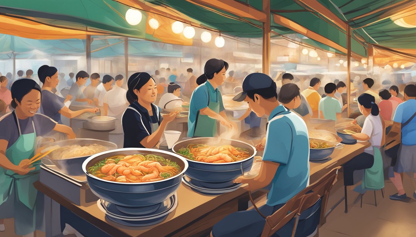 Customers enjoying Bendemeer's famous prawn noodles at a bustling hawker center. Steam rises from bowls as vendors prepare the fragrant dish