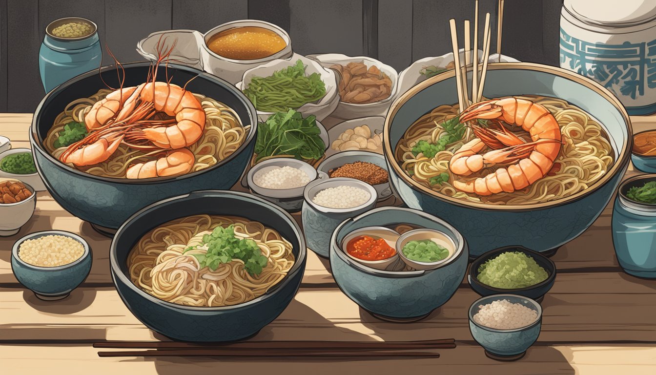 A steaming bowl of Bendemeer prawn noodle sits on a rustic table, surrounded by condiments and chopsticks. A sign reading "Frequently Asked Questions" hangs above the bustling hawker stall