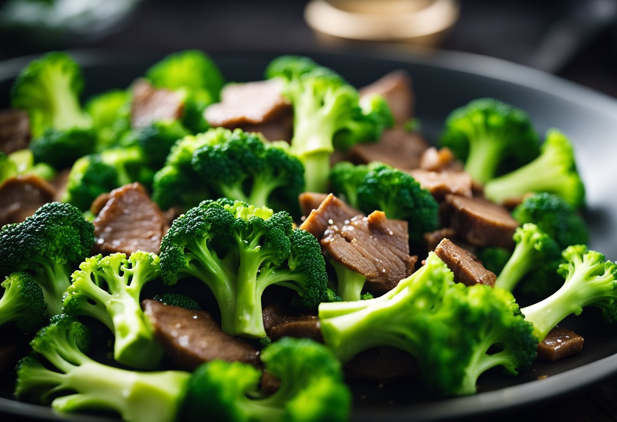 Fresh green broccoli florets stir-fried with tender beef slices, coated in a savory sauce