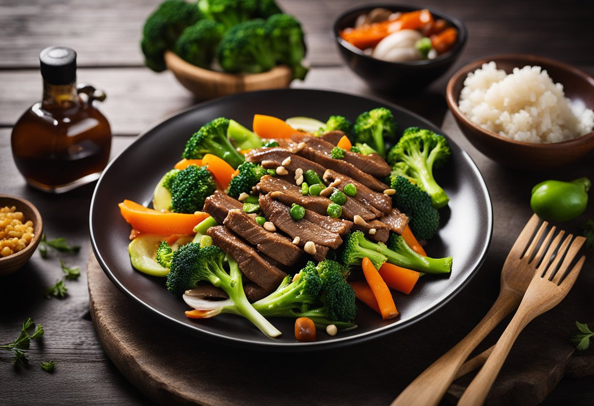 A steaming plate of beef and broccoli stir-fry sits on a wooden table, surrounded by colorful vegetables and a bottle of oyster sauce