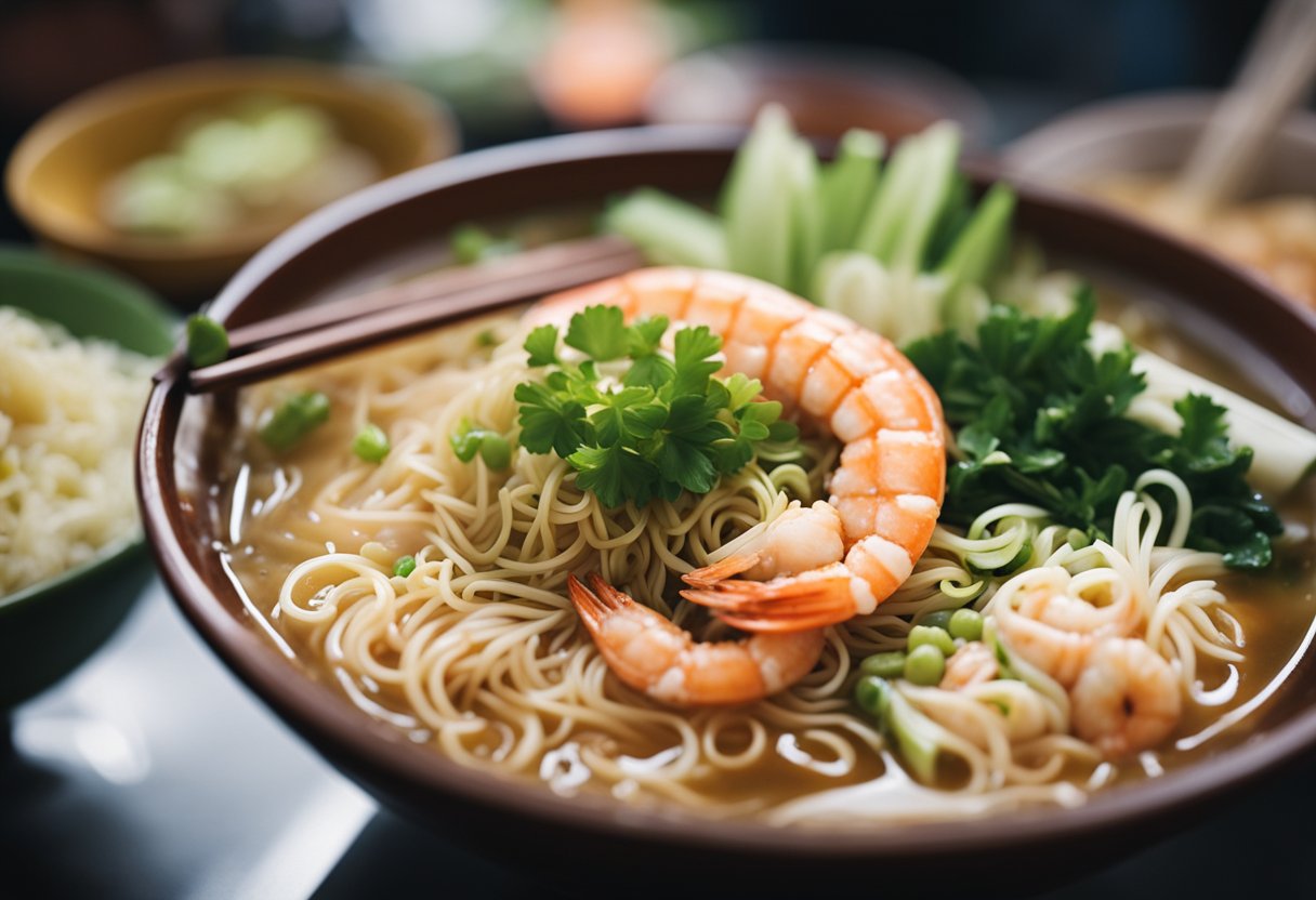 A steaming bowl of prawn mee, filled with succulent prawns, noodles, and fragrant broth, sits on a bustling hawker stall in Singapore