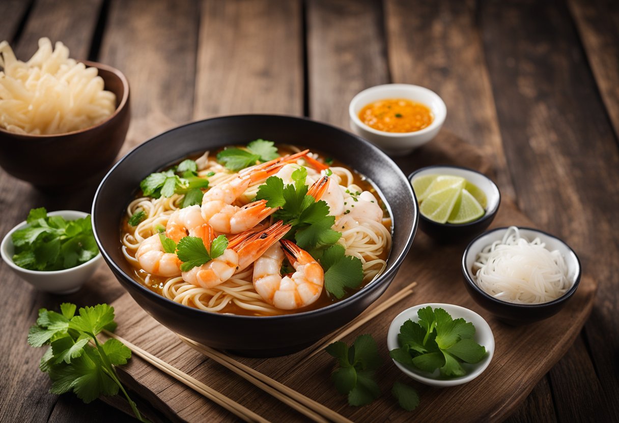 Steaming bowl of prawn noodles, garnished with fresh cilantro and slices of tender prawns, surrounded by condiments and chopsticks on a rustic wooden table