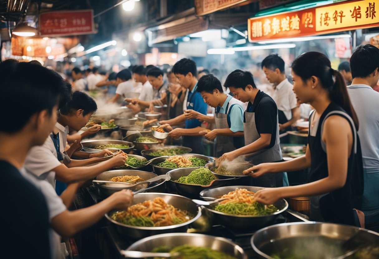 People slurping steaming bowls of prawn mee at bustling hawker centers, surrounded by the fragrant aroma of spices and sizzling noodles