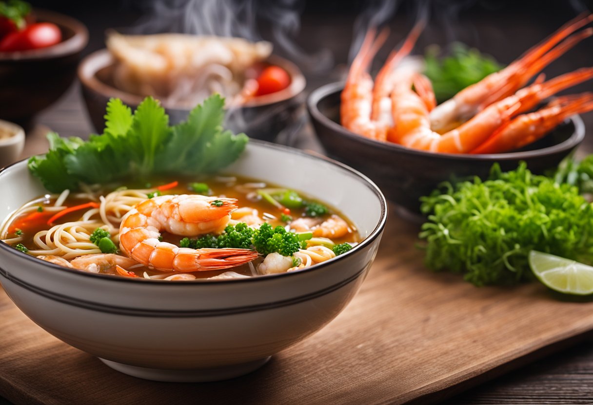 A steaming bowl of rich, fragrant prawn noodle soup sits on a rustic wooden table, surrounded by vibrant red chili, fresh green scallions, and succulent, juicy prawns