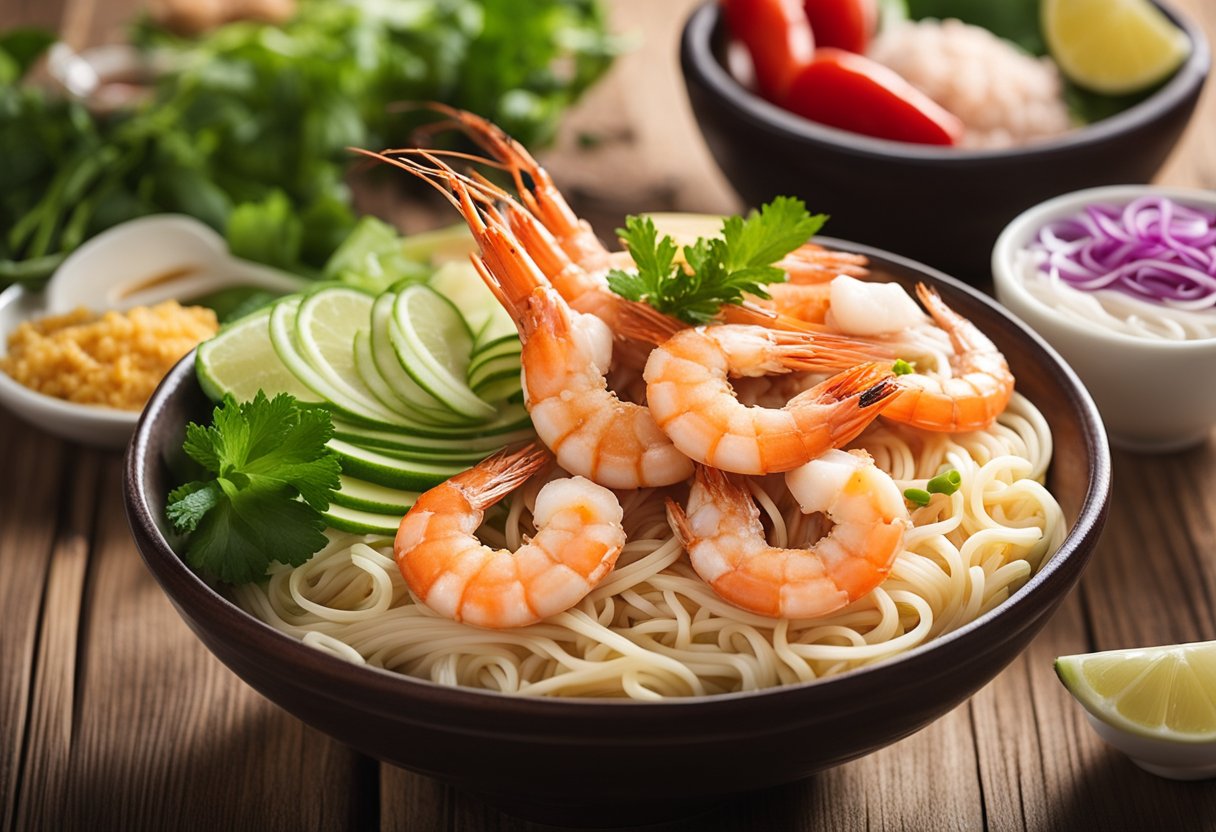 A steaming bowl of prawn mee sits on a wooden table, surrounded by fresh ingredients and condiments, emitting a tantalizing aroma