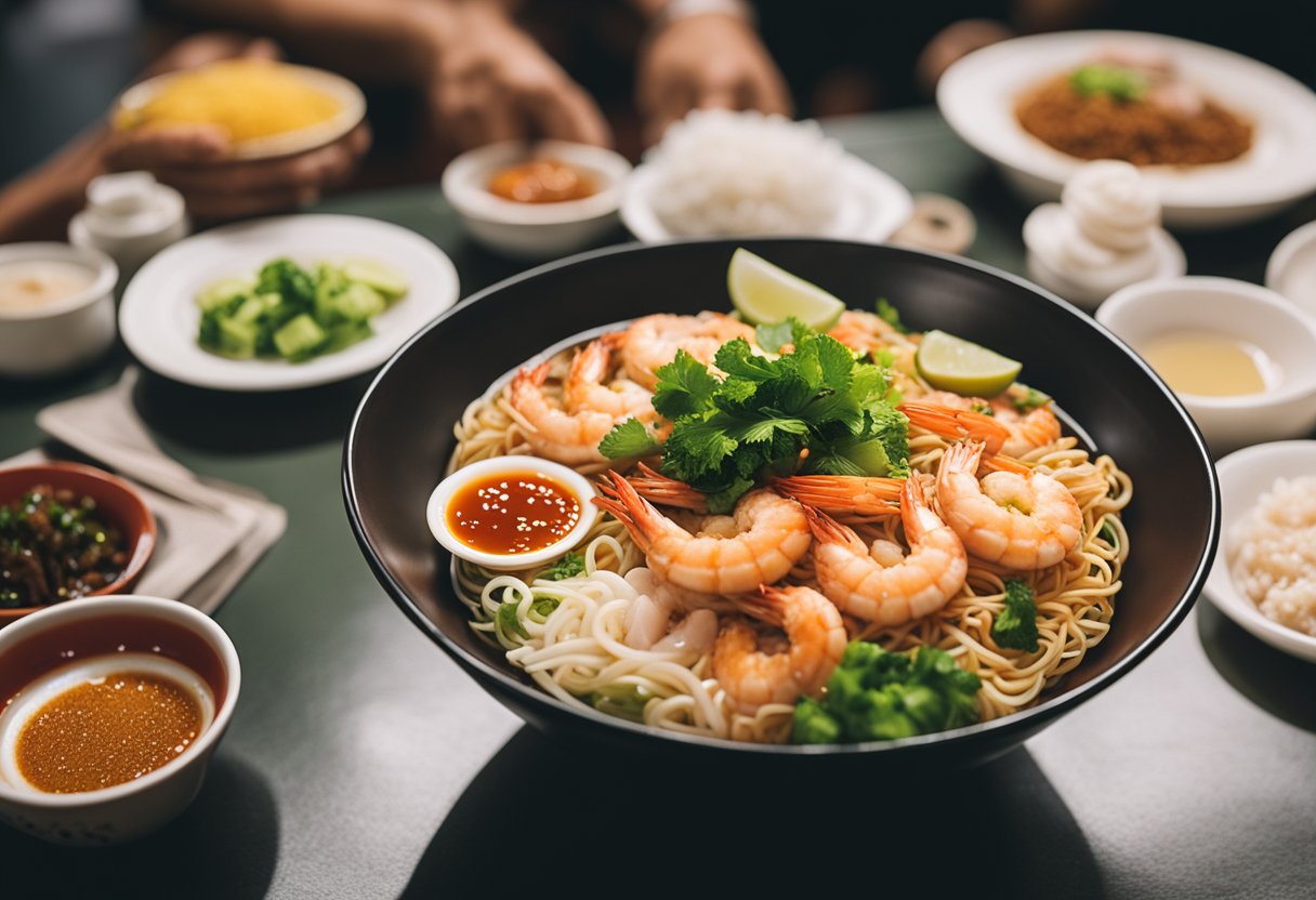 A steaming bowl of prawn mee surrounded by condiments and chopsticks on a hawker center table in Singapore