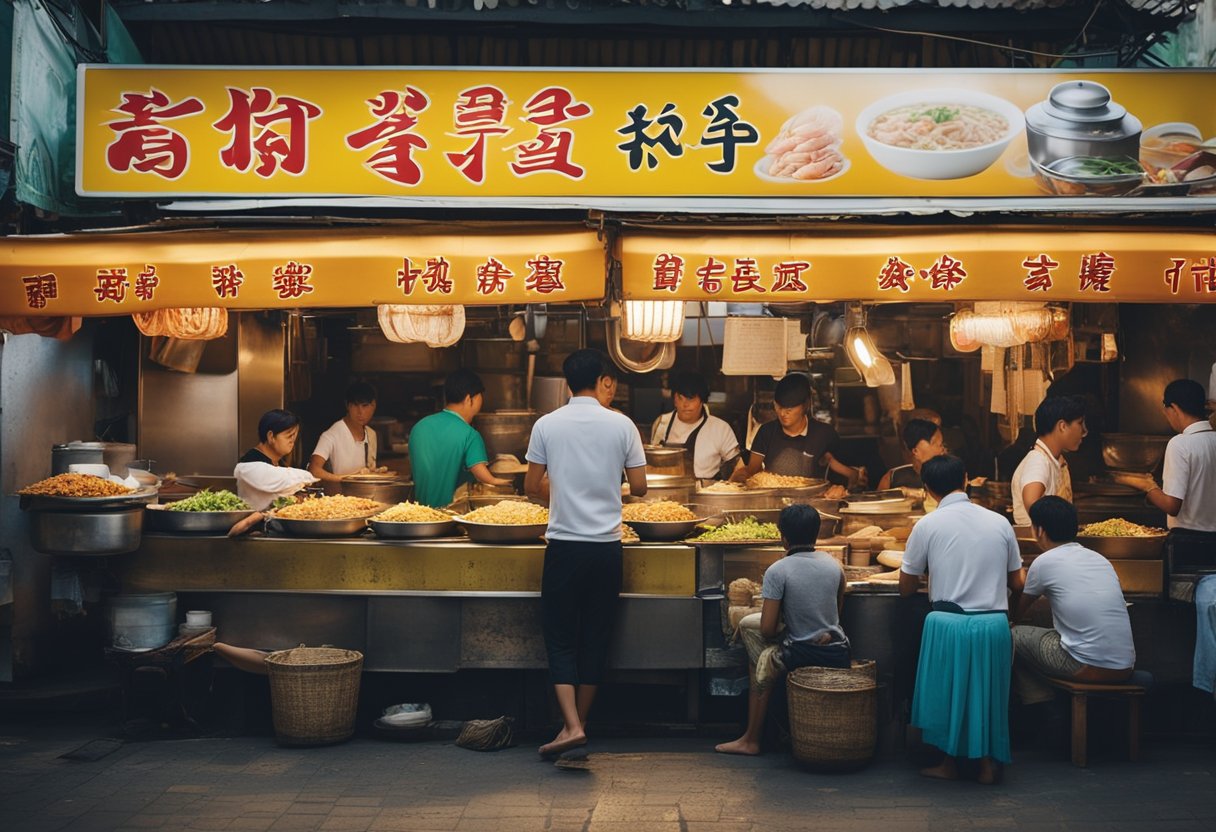 A bustling hawker center with steaming pots of broth, fresh prawns, and aromatic spices. Customers eagerly slurp up the flavorful noodles, surrounded by the hustle and bustle of the lively food stalls