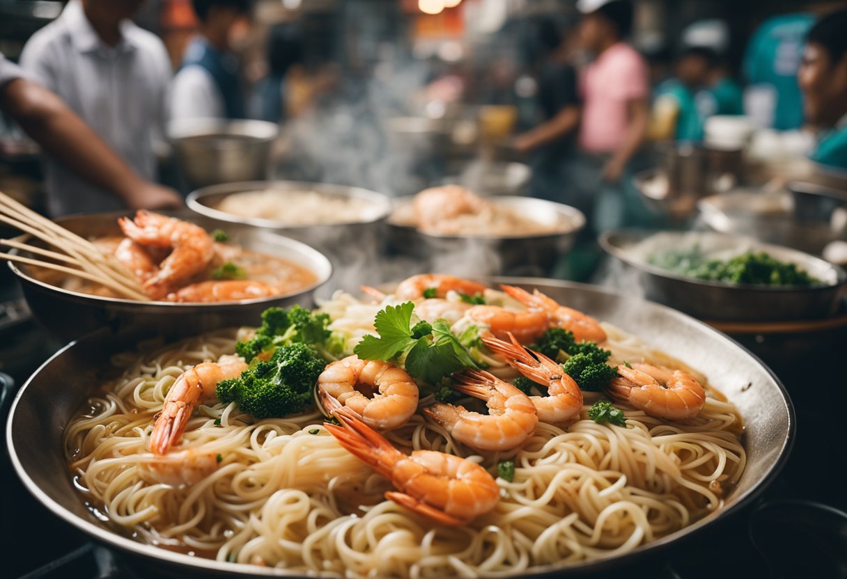 A steaming bowl of prawn noodles sits on a crowded hawker stall, surrounded by eager customers and tantalizing aromas