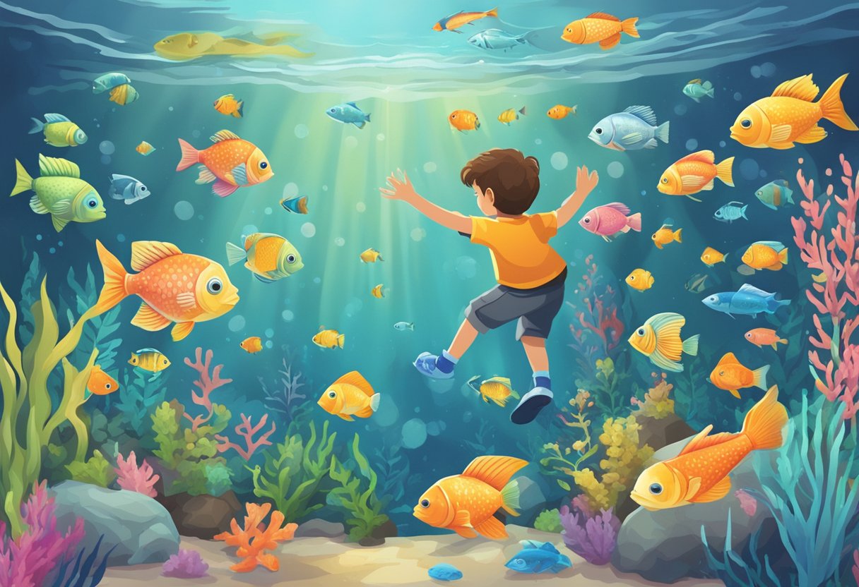 A child reaching for a colorful fish in a tank, surrounded by various types of fish and informative signs