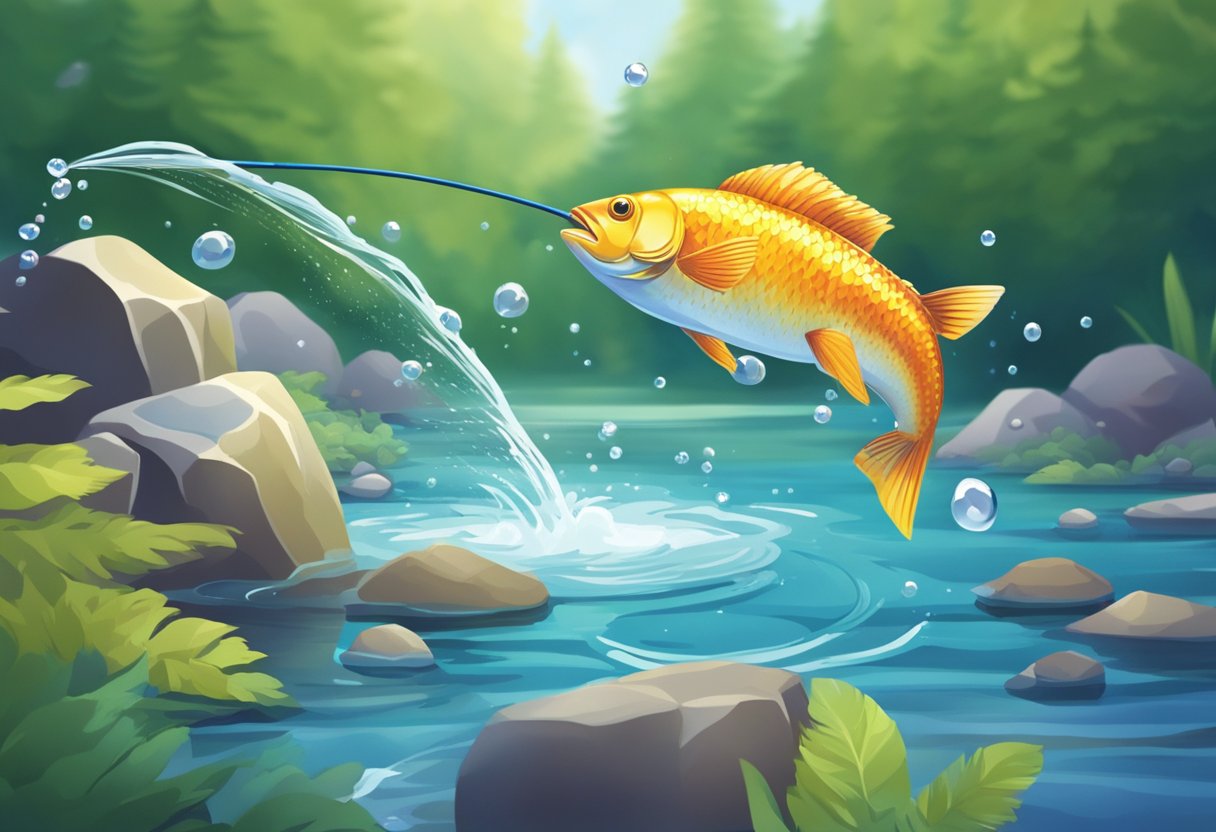 Colorful fish swimming in a clear, bubbling stream. A child-friendly fishing rod dangles over the water, with a cartoon-style fish jumping out of the water