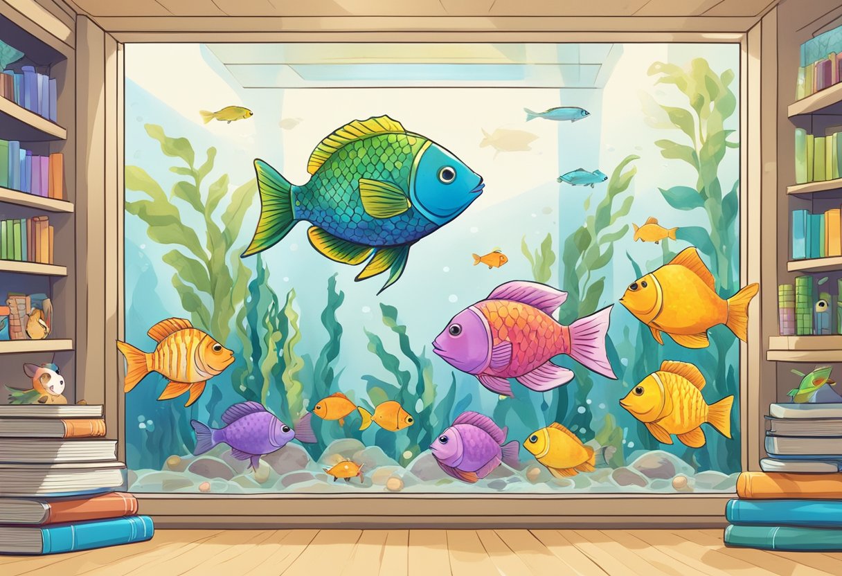 Colorful fish swimming in a clear aquarium, surrounded by children's books and toys. A sign reads "Frequently Asked Questions: best fish for kids to eat."