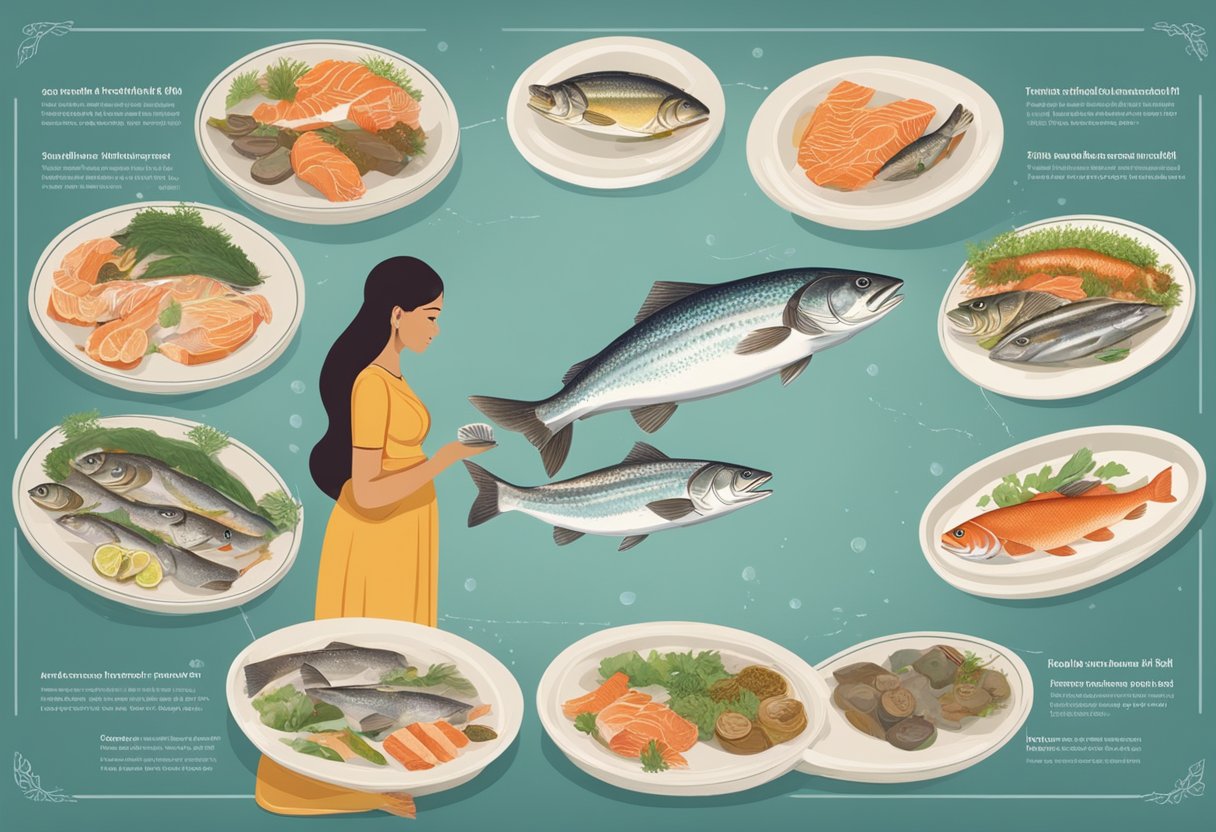 A pregnant woman holding a plate with a variety of fish, including salmon, sardines, and trout, with a list of optimal fish choices in Tamil