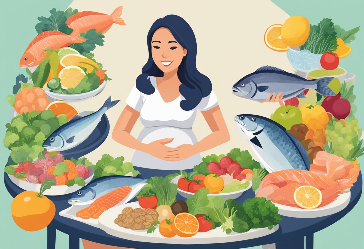A pregnant woman sitting at a table with a variety of fresh fish and seafood, surrounded by colorful fruits and vegetables. A nutritionist is pointing to the best fish options for pregnancy