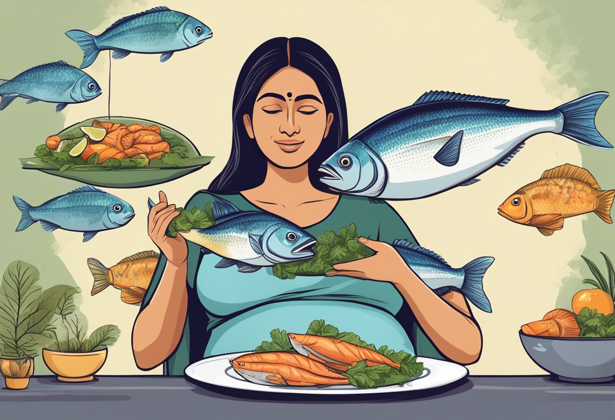 A pregnant woman holding a plate of fresh fish with Tamil text "Best fish to eat during pregnancy" above her head