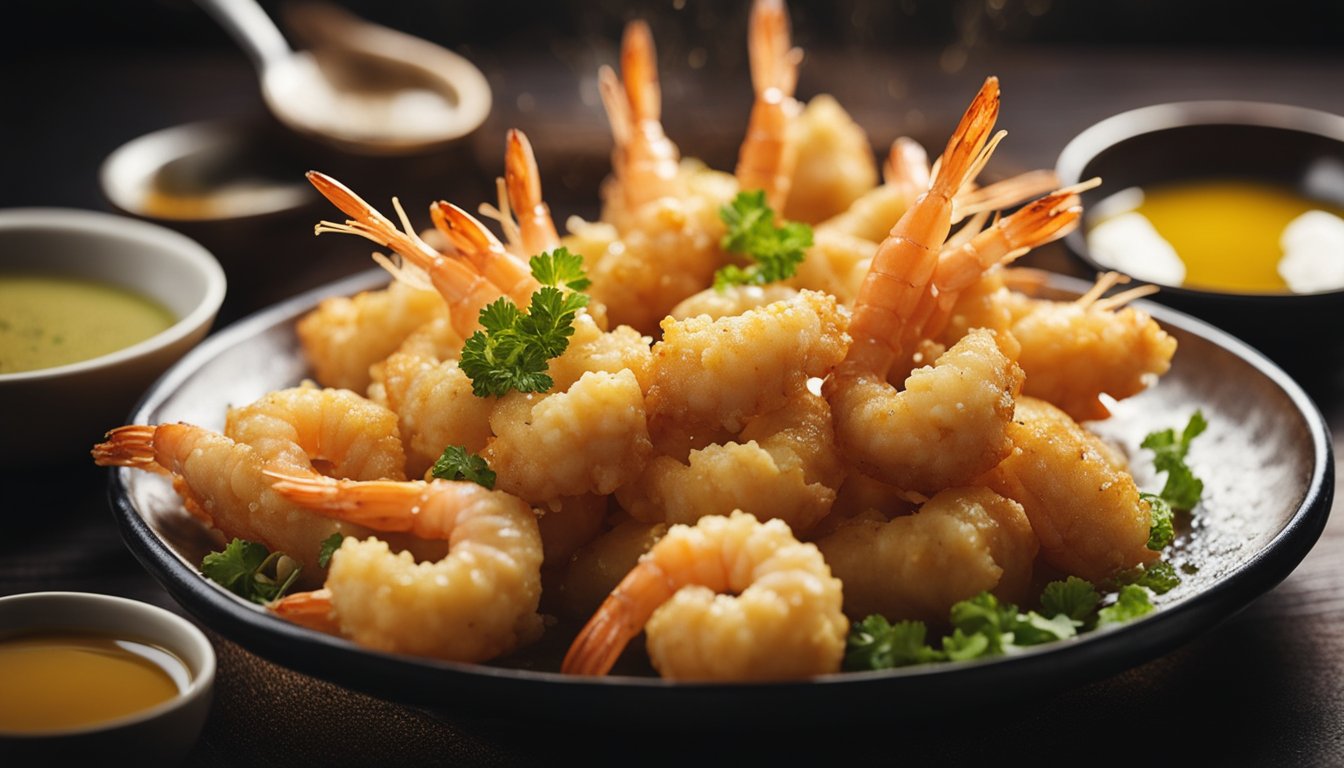 Golden tempura batter coats plump prawns, sizzling in hot oil. A drizzle of tangy dipping sauce completes the dish