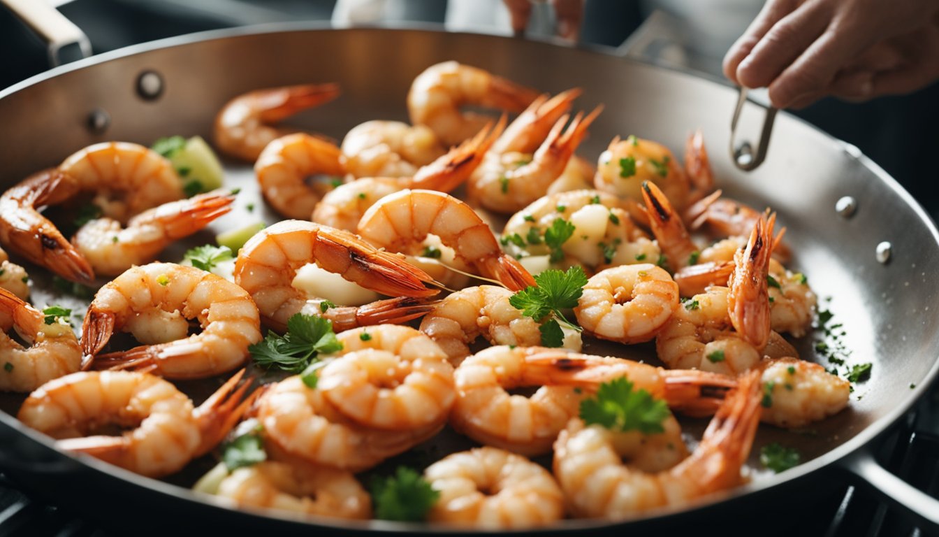 Prawns are being coated in a light, crispy batter before being gently lowered into sizzling hot oil. The kitchen is filled with the mouthwatering aroma of frying seafood