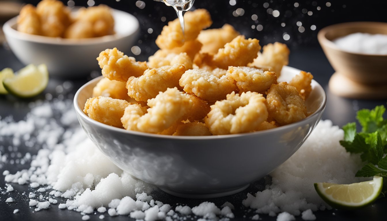 Golden tempura batter being mixed in a bowl with sparkling water and flour, prawns waiting to be dipped