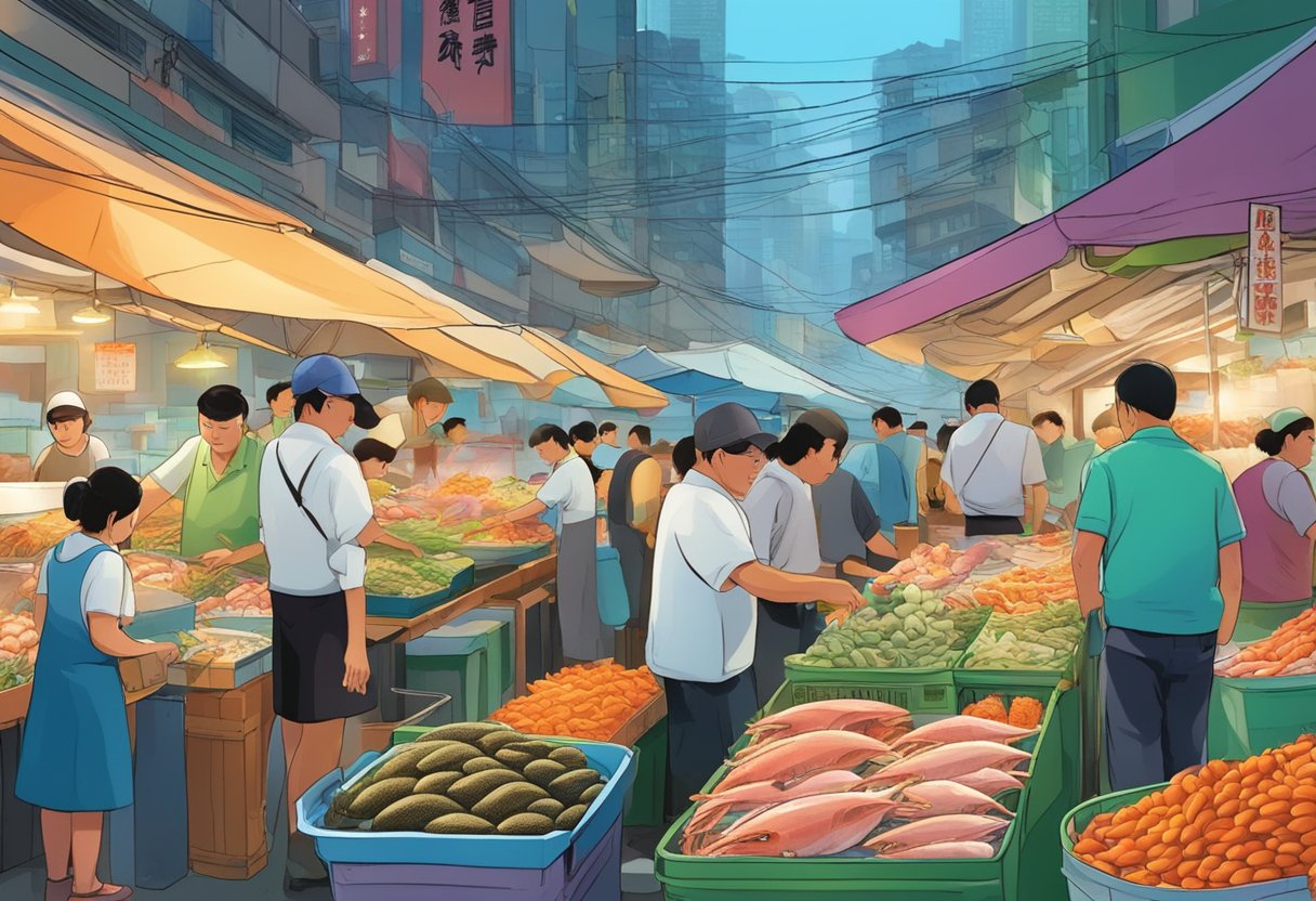 Vibrant seafood market in Hong Kong, bustling with activity and colorful displays of fresh catches from the sea