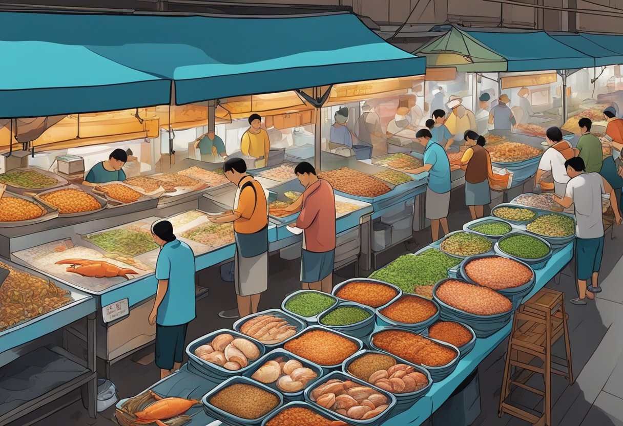 A bustling seafood market in Hong Kong, with colorful stalls displaying an array of fresh fish, crab, and shellfish. The air is filled with the aroma of sizzling seafood dishes being cooked to perfection