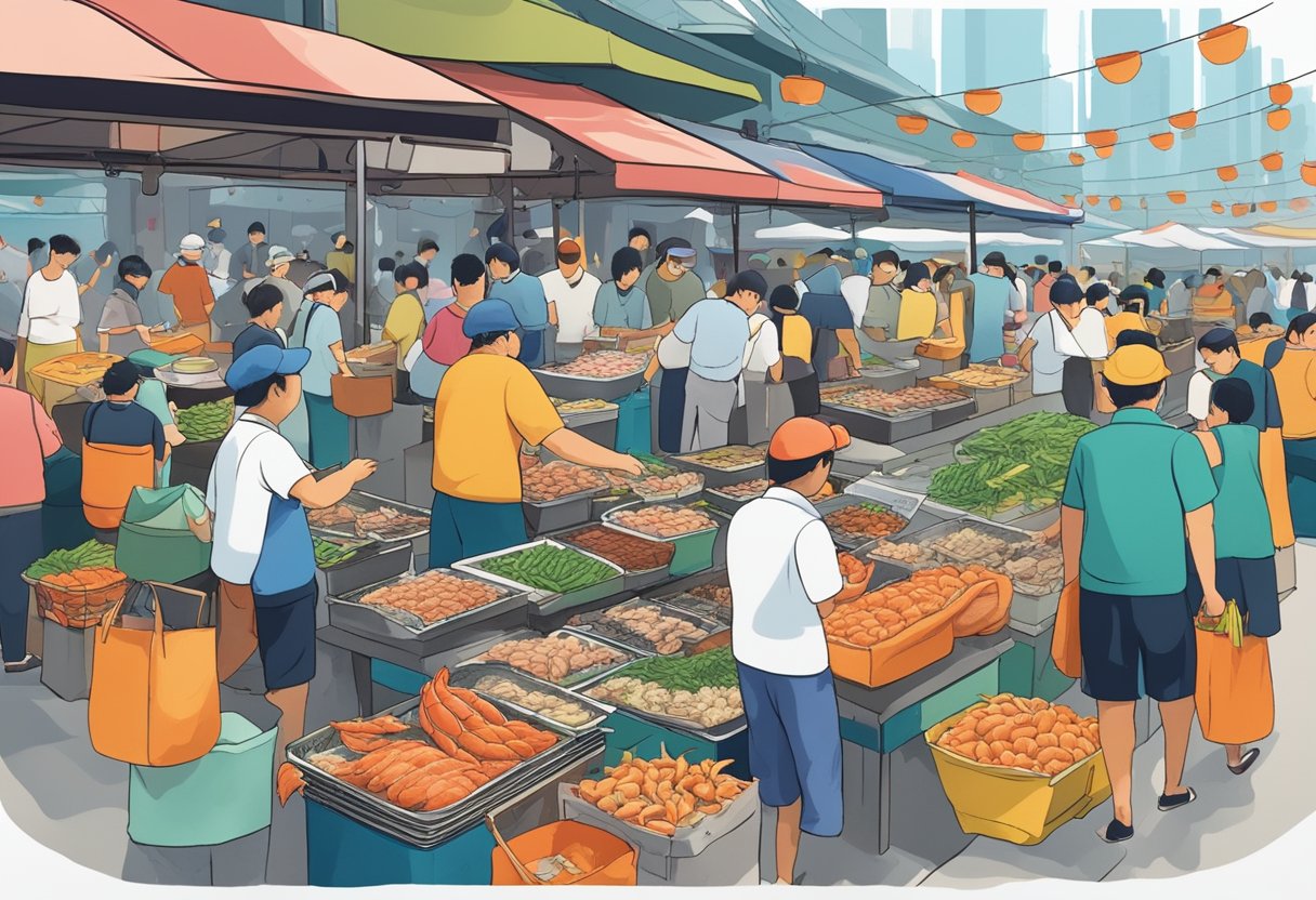 A bustling seafood market in Hong Kong, with colorful stalls and vendors showcasing their fresh catches. Customers eagerly ask questions and sample the local delicacies