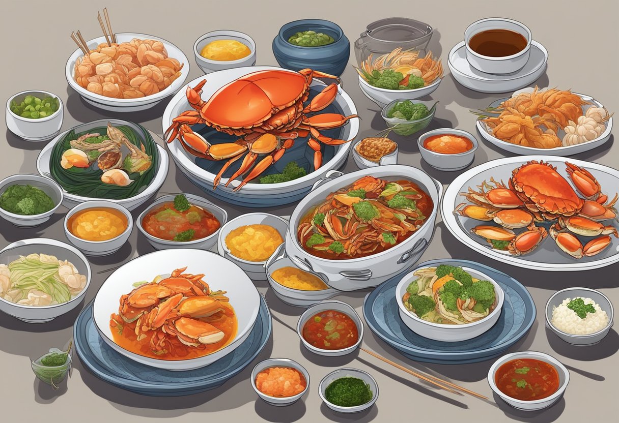 A table set with a variety of marinated crab dishes, surrounded by vibrant Korean condiments and traditional utensils