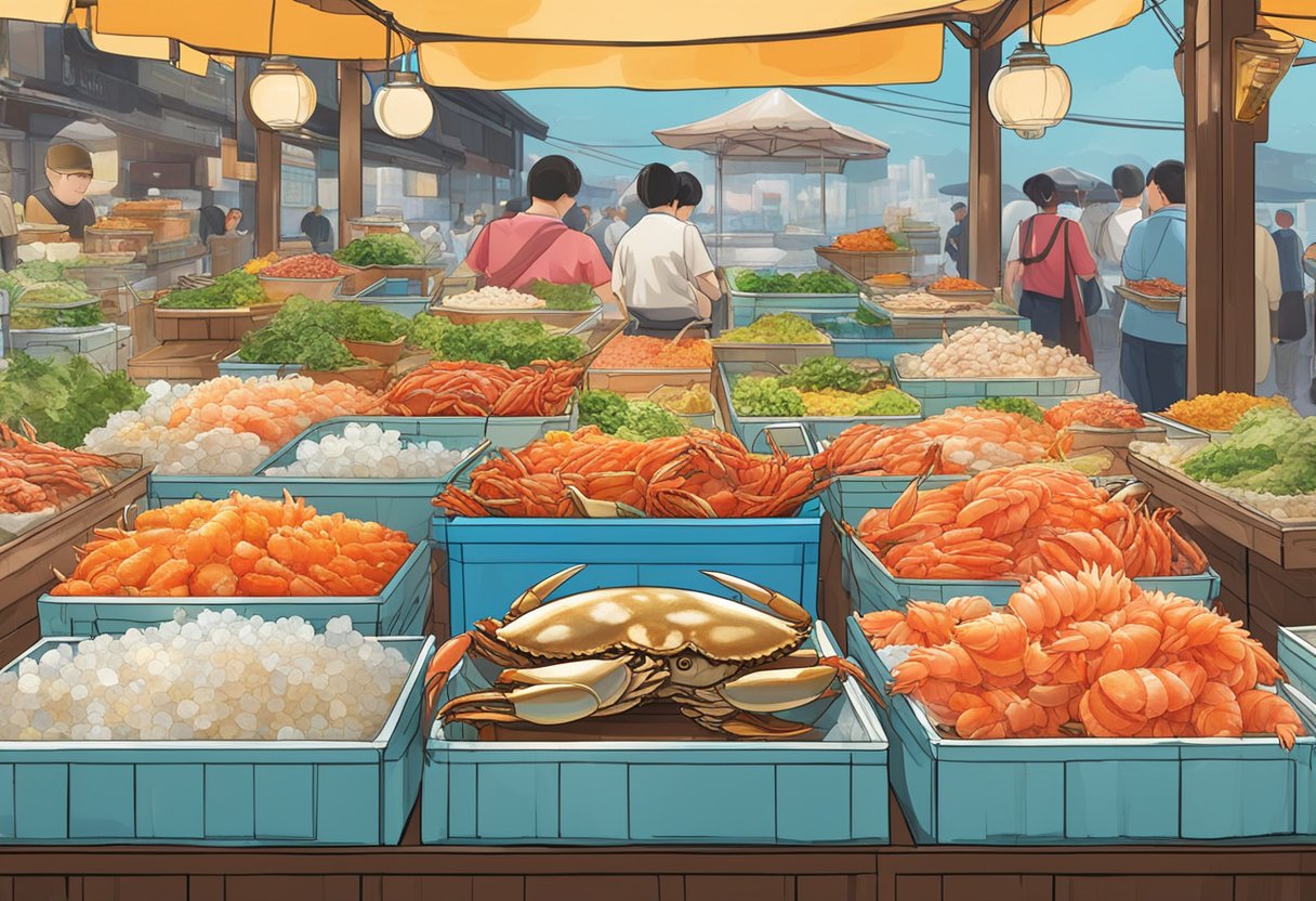 A colorful market stall displays the finest marinated crab in Seoul, with vibrant jars and fresh crab on ice