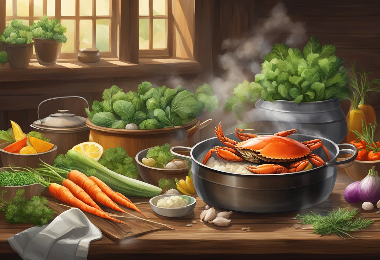 A steaming pot of marinated crab sits on a rustic wooden table, surrounded by vibrant vegetables and aromatic herbs. The rich aroma fills the air, promising a delicious and satisfying meal