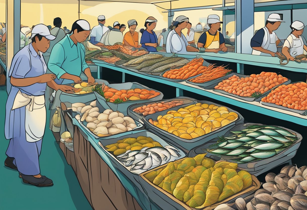 A bustling seafood market in Singapore with fresh catches from Cairns on display. The vibrant colors and variety of seafood create a lively and enticing scene for the illustrator to recreate