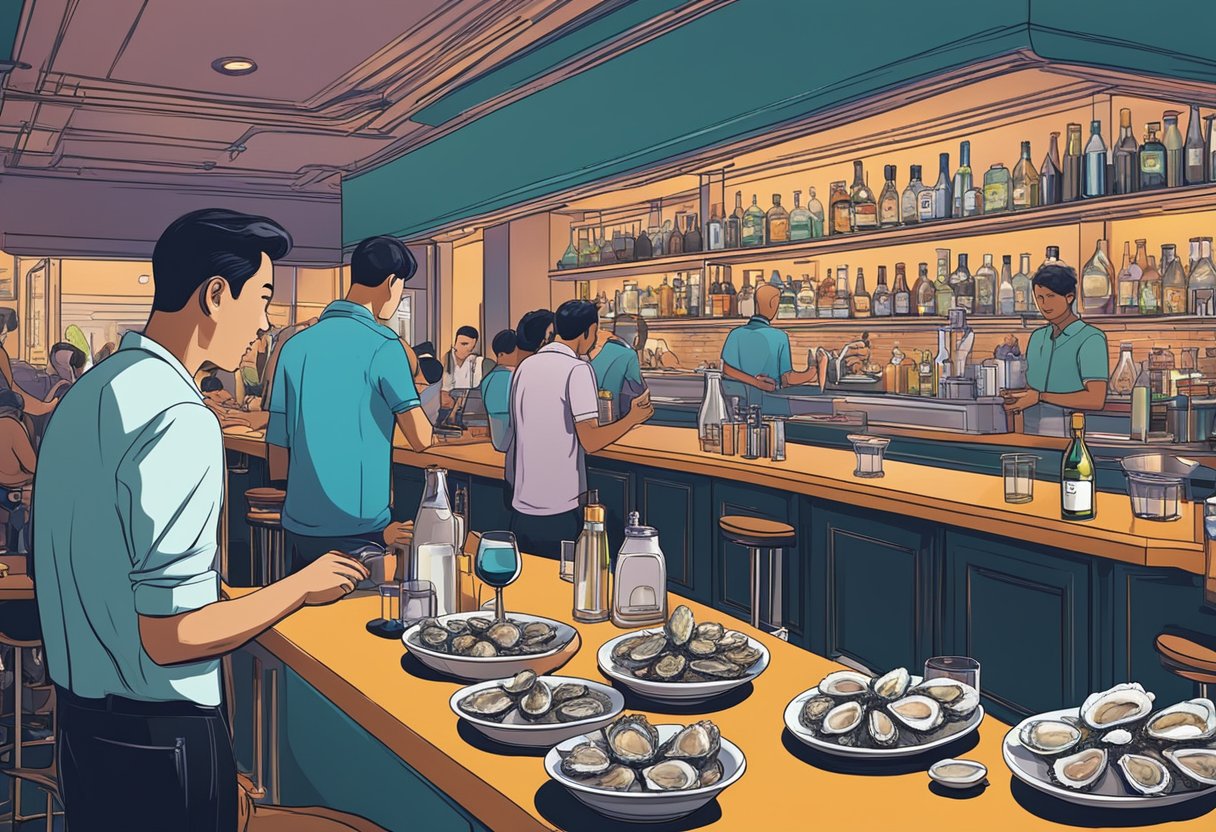 Customers savor fresh oysters at a sleek bar in Singapore, surrounded by a variety of oyster dishes and a vibrant, bustling atmosphere