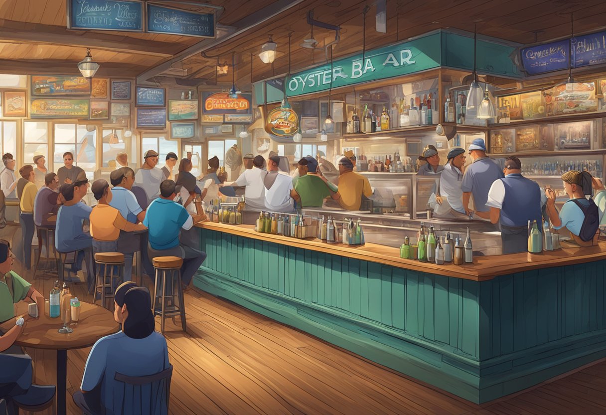 A bustling oyster bar with colorful signage, a variety of oysters on ice, and a lively atmosphere with customers enjoying drinks and socializing