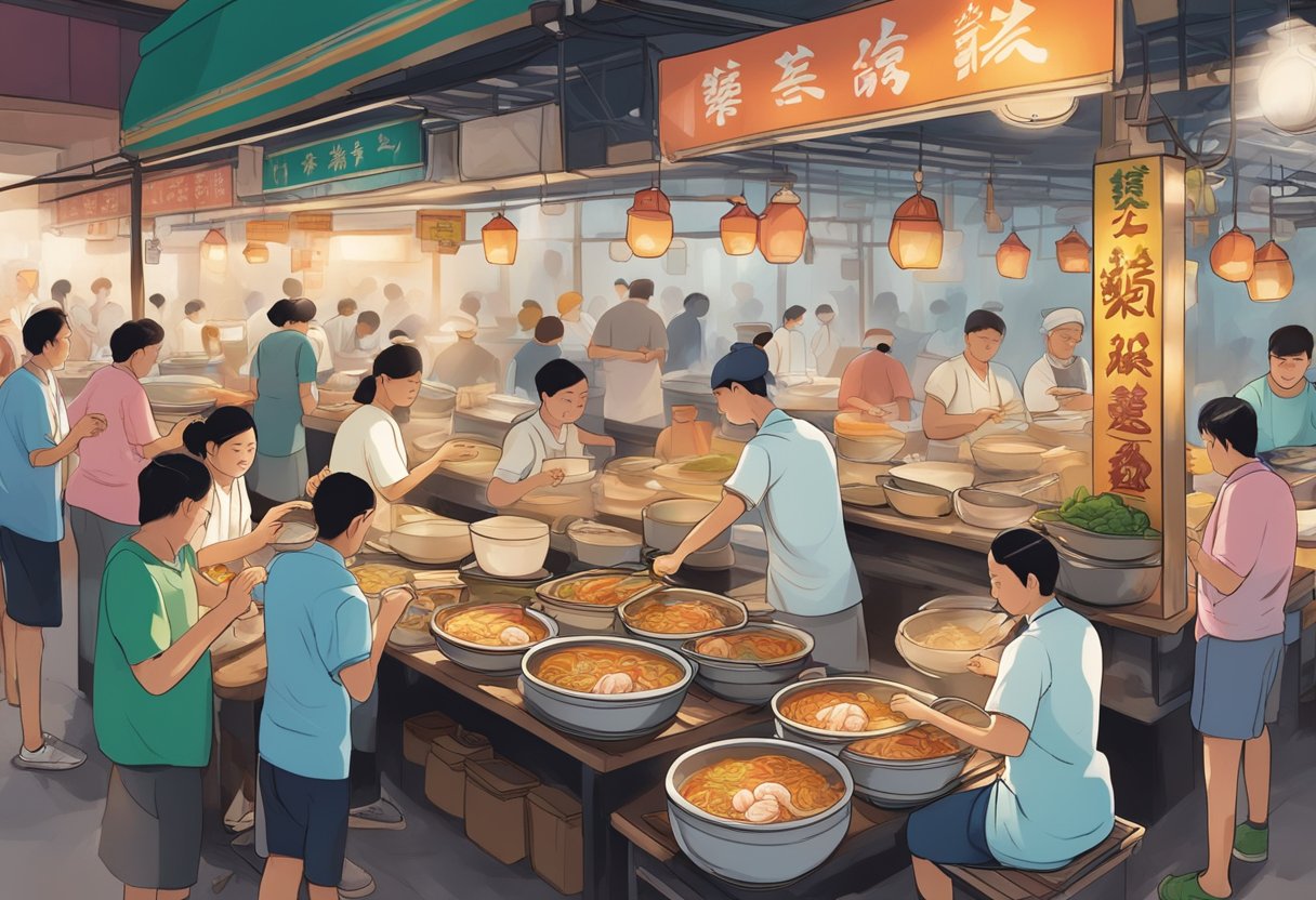 A bustling hawker center with steaming bowls of prawn mee, diners slurping noodles, and chefs expertly preparing the fragrant broth