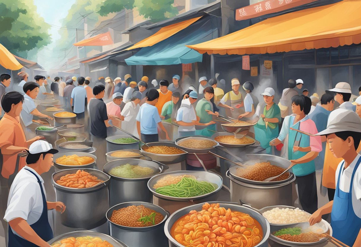 A bustling street filled with steaming pots and fragrant spices, as locals and tourists alike queue up for the best prawn mee in town
