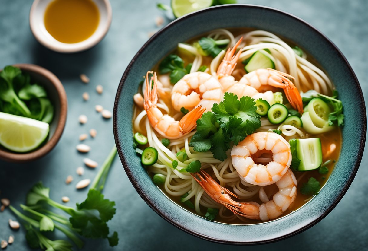 A steaming bowl of prawn noodle soup with fresh prawns, bok choy, and spring onions, garnished with chili flakes and cilantro