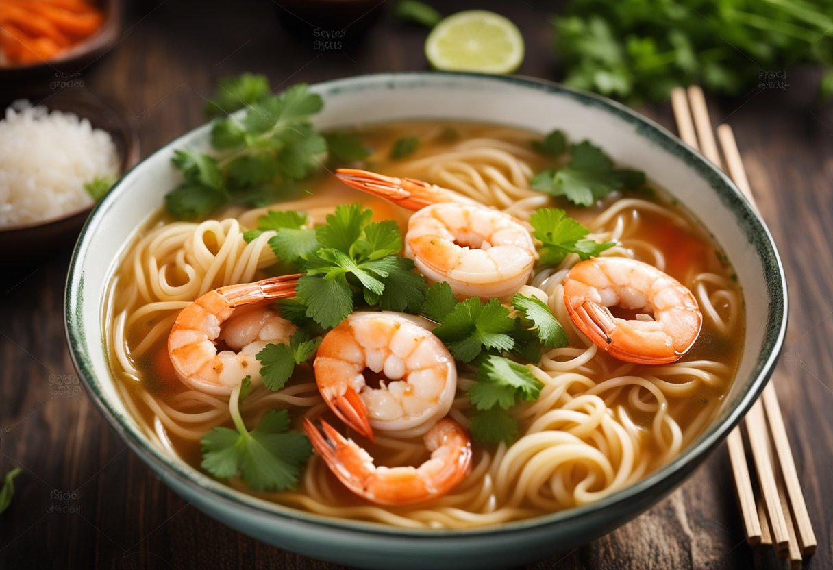 A steaming bowl of prawn noodle soup sits on a wooden table, garnished with fresh cilantro and sliced red chili. Steam rises from the rich broth, while plump prawns and springy noodles are visible beneath the surface