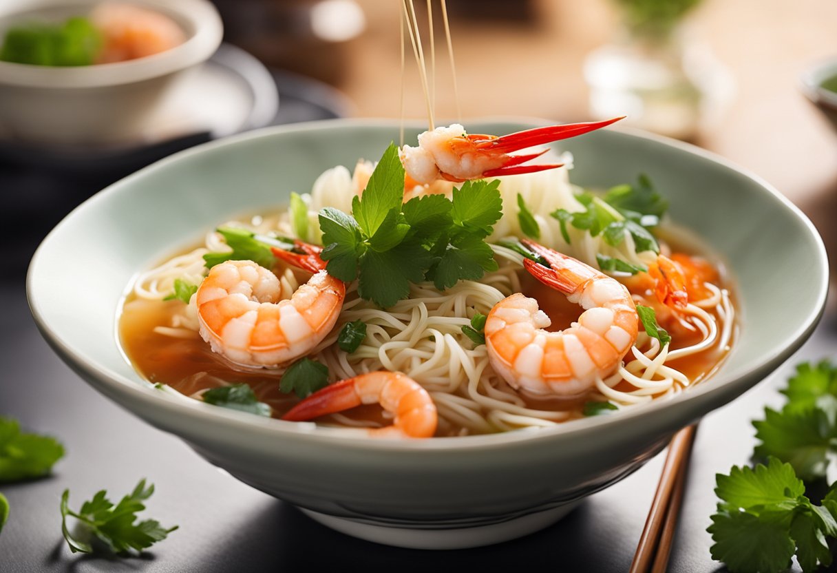 Steam rising from a bowl of prawn noodles, garnished with fresh herbs and chili. A pair of chopsticks rests on the side