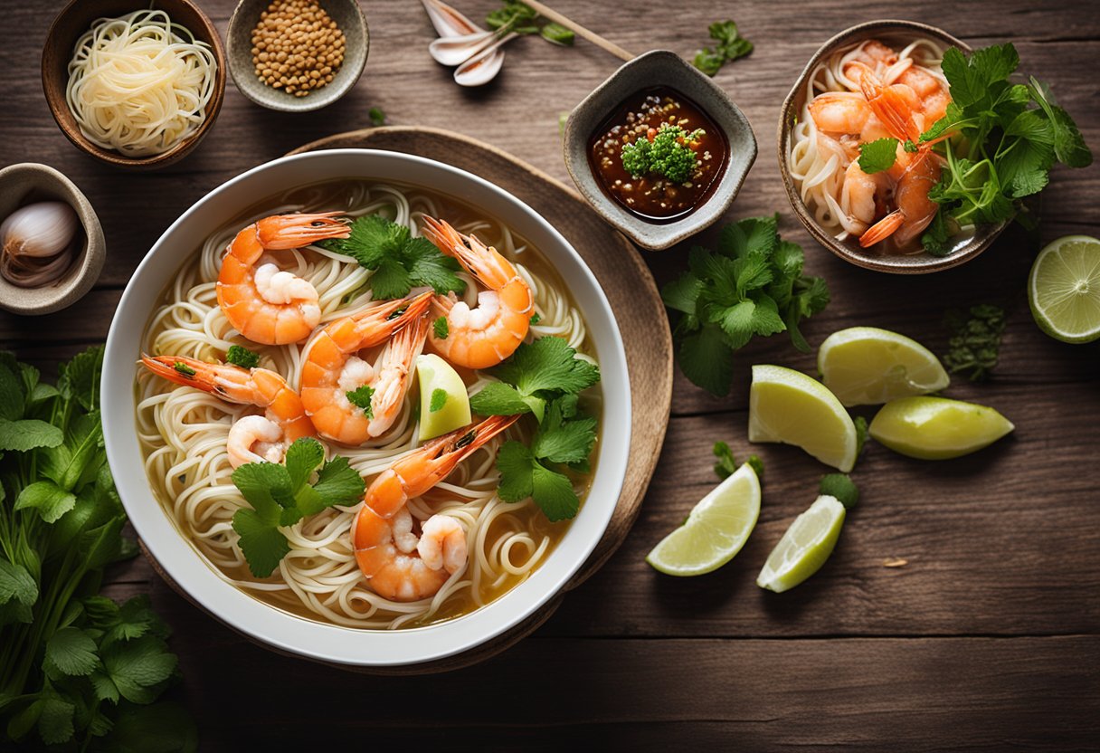 A steaming bowl of prawn noodle soup sits on a rustic wooden table, surrounded by fresh ingredients like prawns, noodles, and fragrant herbs