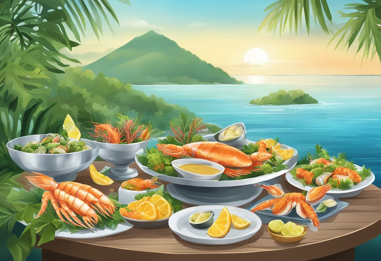 A table set with a variety of fresh seafood, surrounded by tropical foliage and overlooking the ocean